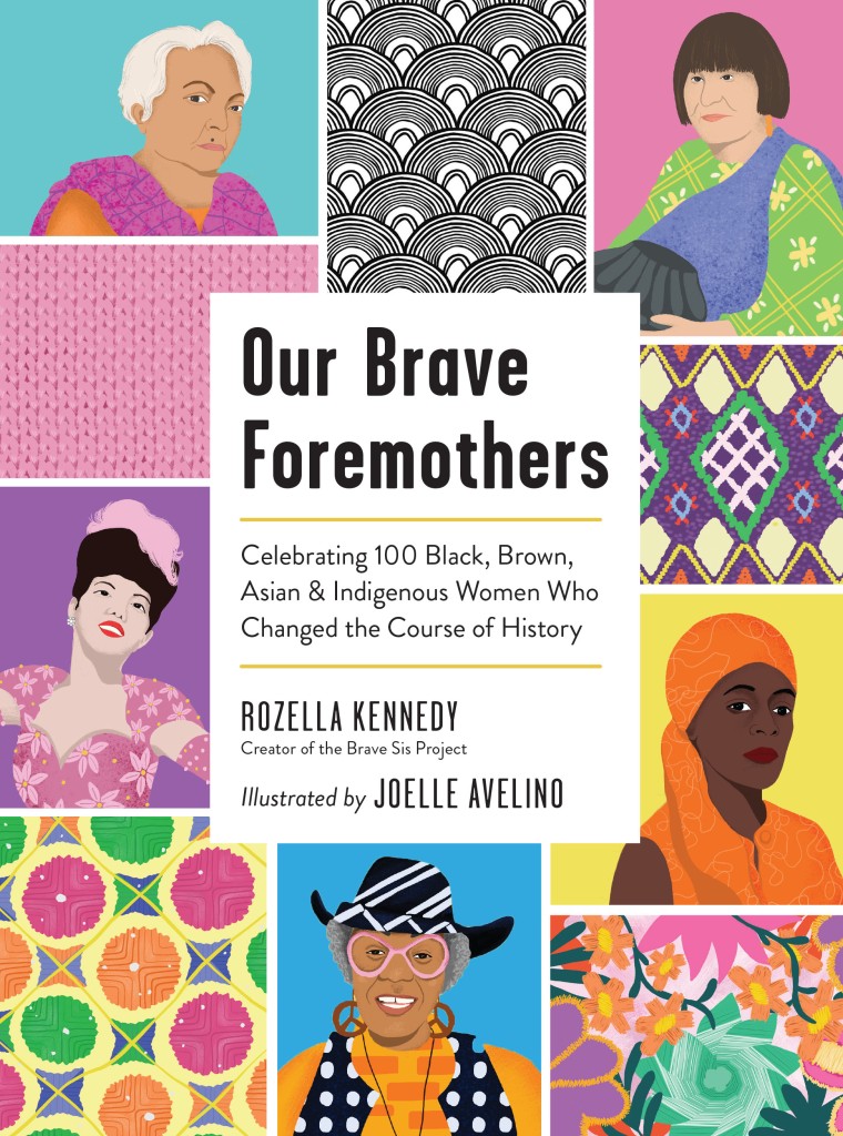 Multicolored book cover of Our Brave Foremothers with images of historic BIPOC women