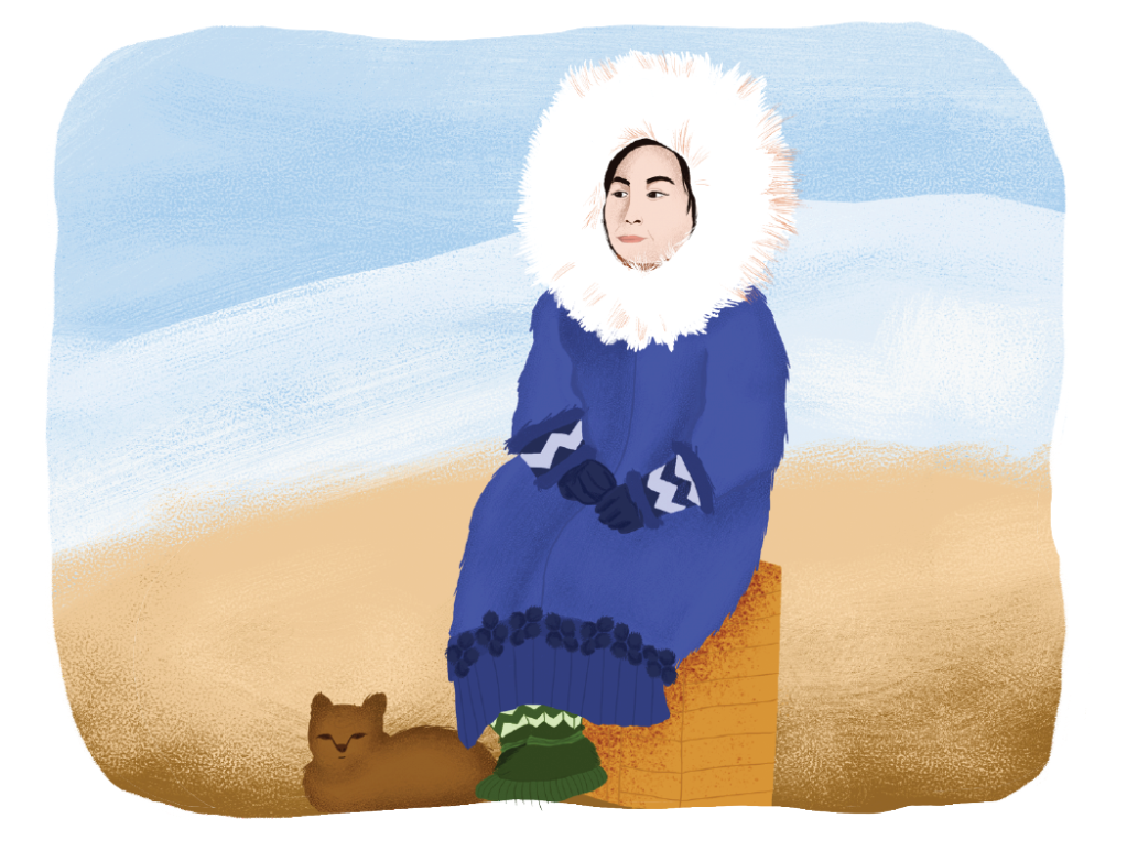 Illustration of an Inupiat woman named Ada Blackjack with a brown cat. She is seated wearing a big blue coat with a raised hood that is lined with white fur.